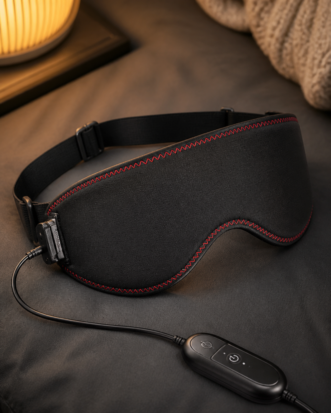 Close-up of the Lumen fabric mask, red stitching, strap adjusters, side plug and inline controller